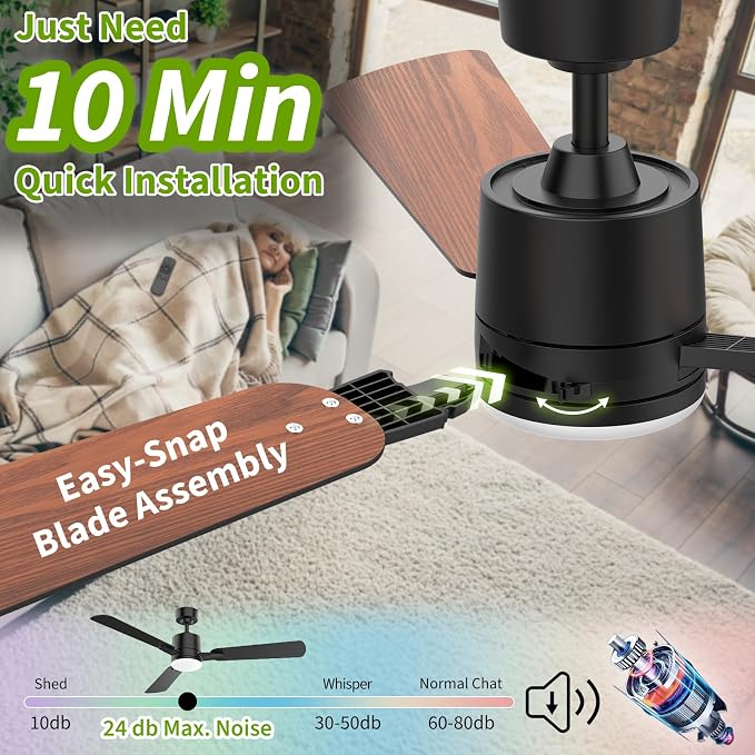 Ceiling Fans with Lights, 52 Inch Low Profile Ceiling Fan with Light and Remote Control,10 Min Quick Installation,Reversible,3CCT Dimmable,Quiet,Black Small Ceiling Fan for Bedroom Indoor/Outdoor
