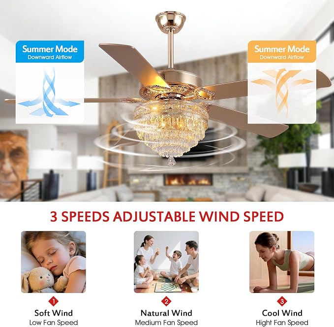 GJeg Crystal Ceiling Fan Fandelier with Lights - Retro Outdoor Fans with Remote Control, Farmhouse Ceiling Fan with Noiseless DC Reversible Motor,Dining Room,Living Room(62" Gold)