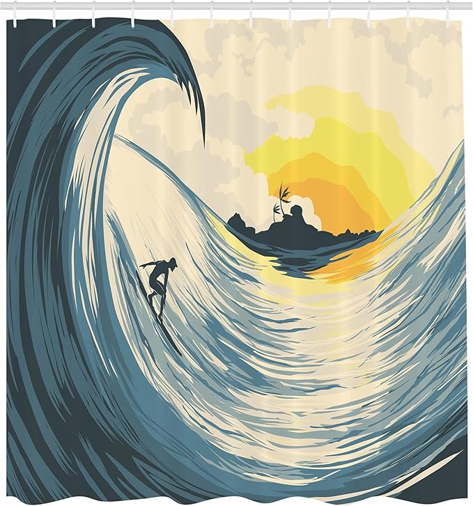 Ambesonne Ocean Shower Curtain, Illustration of Cloudy Sky Tropical Island Wave and Surfer at Sunset Seascape, Cloth Fabric Bathroom Decor Set with Hooks, 69" W x 70" L, Beige Yellow Navy
