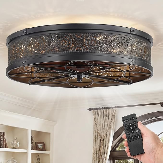 LEDIARY 20" Caged Ceiling Fans with Lights,Low Profile Flush Mount Enclosed Bladeless Farmhouse Ceiling Fan with Light and Remote,Black Vintage Victorian Rustic Fandelier for Bedroom,Kitchen,Indoor