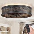 LEDIARY 20" Caged Ceiling Fans with Lights,Low Profile Flush Mount Enclosed Bladeless Farmhouse Ceiling Fan with Light and Remote,Black Vintage Victorian Rustic Fandelier for Bedroom,Kitchen,Indoor