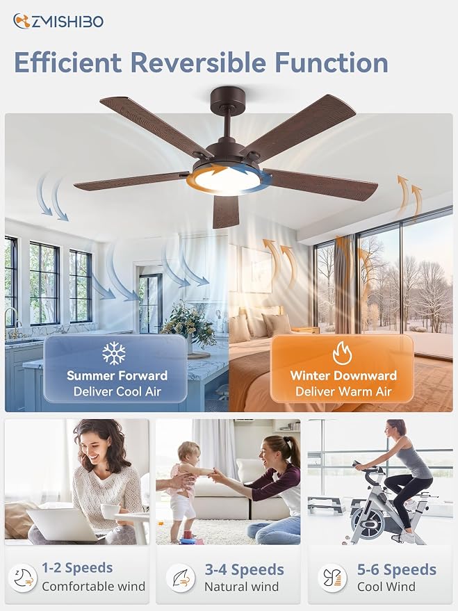 52 Inch Ceiling Fan with Remote, Indoor/Outdoor Brown Ceiling Fan with Large LED Panel, Quiet Reversible DC Motor, 6-Speed, 3000-6500K Stepless Dimming, Farmhouse Ceiling Fan for Bedroom, Living Room