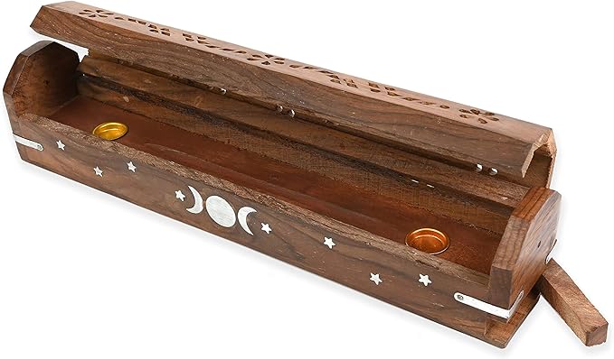 Incense Garden Pack of 2 Incense Stick Holder - Coffin Style - Wood Incense Stick Burner with Triple Moon Inlays (Natural) Handmade with Brass Inlays