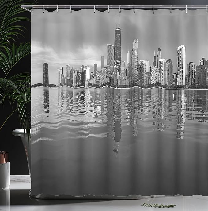 Ambesonne Chicago Skyline Shower Curtain, Nostalgic Weathered Lake Michigan Harbor Coastal Town Urban Vintage, Cloth Fabric Bathroom Decor Set with Hooks, 69" W x 70" L, Black and White