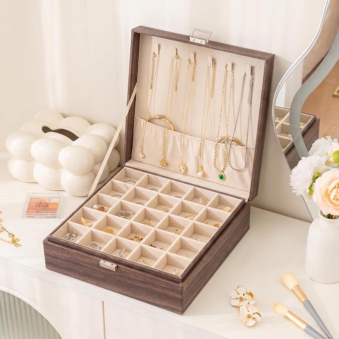 Frebeauty 50 Grid Earring Holder Organizer,2 Layer Jewelry Box for Women | Faux Leather,Velvet Lining,Adjustable Divider,Jewelry Organizer for Ring Necklace and Bracelet,for Home Use and Jewelry Store