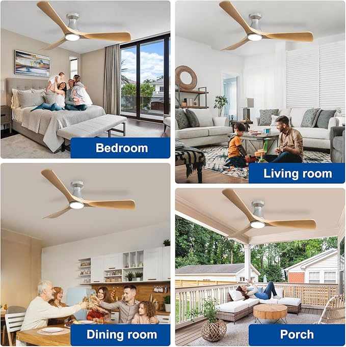Depuley 52-Inch Ceiling Fans with Lights: Wood 3 Blade Flush Mount Low Profile Ceiling Fan for Bedroom - Dimmable Indoor Outdoor Fan with Remote Control Ultra Quiet DC Motor Timer