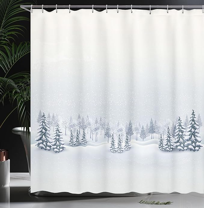 Ambesonne Winter Shower Curtain, Cold Season Scene in a Park Trees Foggy Misty Blurry Ice Freezing Weather Image, Cloth Fabric Bathroom Decor Set with Hooks, 69" W x 84" L, White