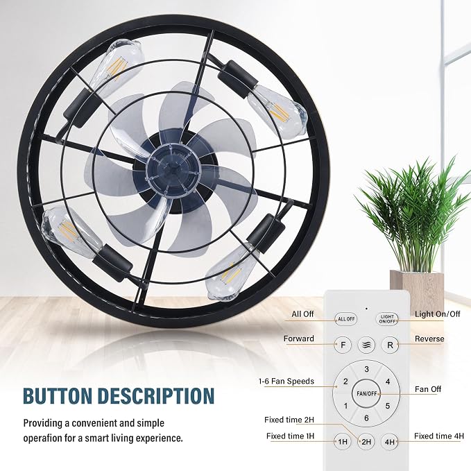 COCOSTAR Caged Ceiling Fan with Light Flush Mount Farmhouse Black Fandelier | Remote/APP,Low Profile,Enclosed,Bladeless,Quiet,20" Rustic Light Fixture with Fan for Kitchen Bedroom Living Room Dining Room