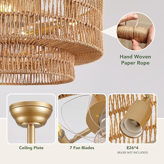 20" Boho Ceiling Fan Light and Remote, Rattan Ceiling Fan light Caged Fandelier with Lights Flush Mount, 6 Wind Speeds Enclosed Ceiling Fan for Bedroom, Living Room, Dining Room