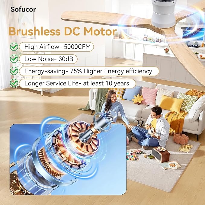 Sofucor 52 Inch Ceiling Fan with Lights and Remote | Low Profile Flush Mount, Outdoor Modern, 6-Speed 3-CCT with Timer, 3 Wood Blades