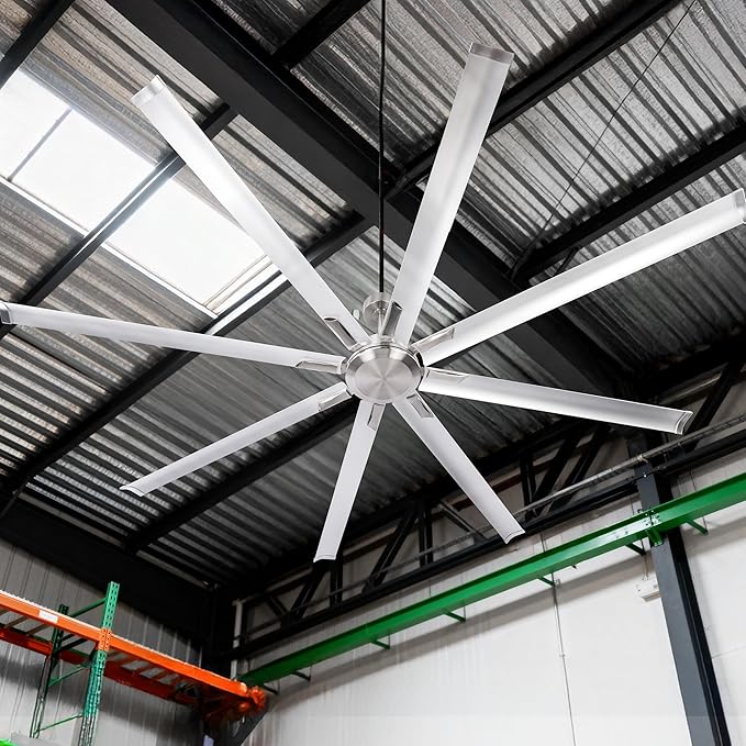 96 Inch Industrial Ceiling Fan Without Light, Brushed Nickel Outdoor Model for Covered Areas, 8 Aluminum Blades, Powerful Airflow, Modern No-Light Design, CF04NBN-96
