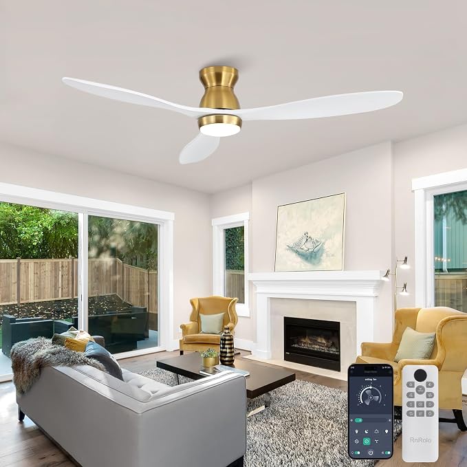 52 Inch White Ceiling Fan with Light and Remote & APP Control, 3 Wooden Blades, 6 Wind Speeds, Quiet DC Motor, Indoor Low Profile Ceiling Fan for Bedroom Living Room Farmhouse Patio