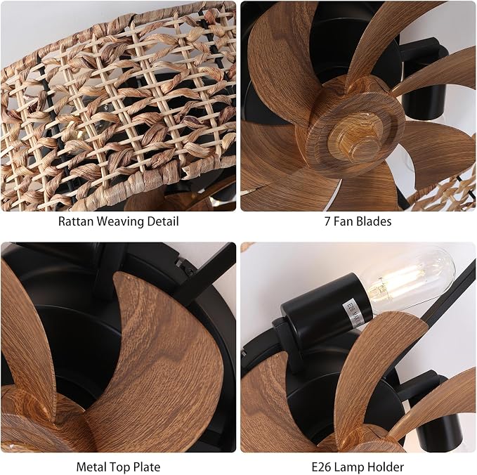 Ganeed 20" Boho Fandelier Ceiling Fan with Light, Rattan Caged Ceiling Fan with Light and Remote Control, Quiet Reversible Motor Enclosed Low Profile 6 Speeds for Bedroom Living Room Porch Kids Room