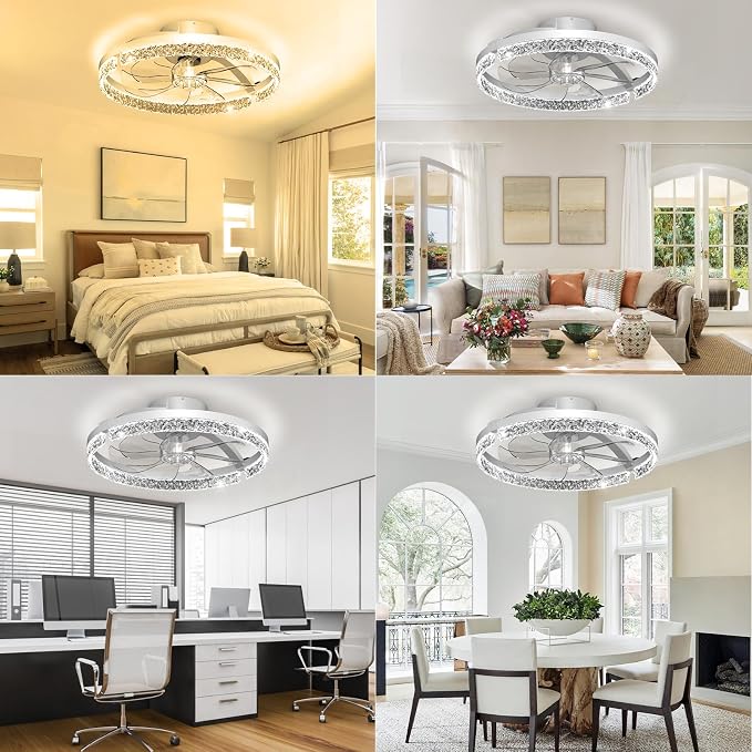 Ceiling Fans with Lights and Remote, 20" Low Profile Flush Mount Ceiling Fan, 3000-6500K Dimmable LED Fandelier, 6 Quiet Speeds for Bedroom