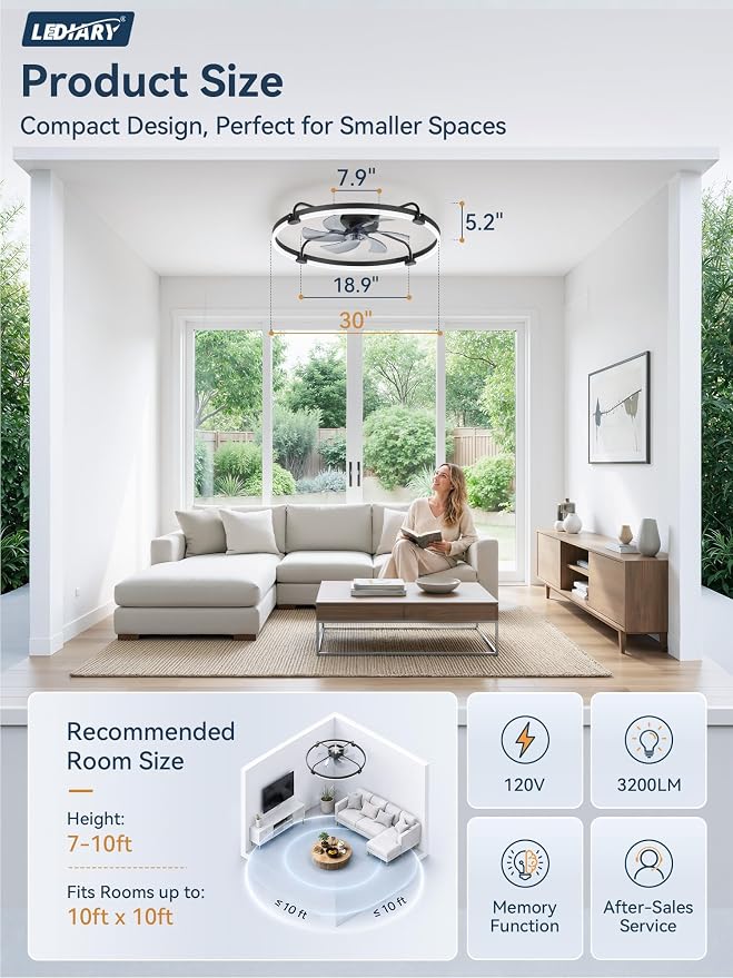 LEDIARY 30" Ceiling Fans with Lights and Remote, Low Profile,Large, Black | 3000K-6000K Stepless Dimmable Fandelier, Reversible DC Motor, Remote and APP Control, Bedroom Kitchen Living Room Fan Light