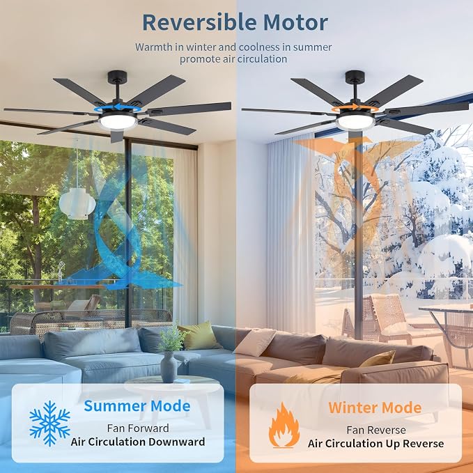 64 Inch Ceiling Fans with Lights and Remote,Living Room Office Library Cafe Outdoor, 5CCT Dimmable, Dual Color 7 Blades, 6 Speed Reversible Quiet DC Motor, Dual-Layer Shade, Black/Wood Grain