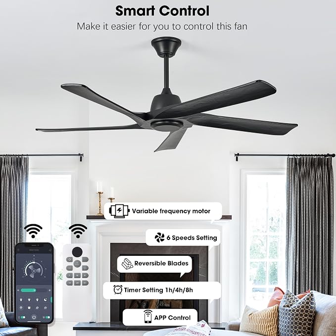 60" Solid Wood Ceiling Fan No Lights, Remote and APP Control, DC Motor, 6-speed Reversible, Ceiling Fans without Light for Bedroom, Living Room, Office, Black