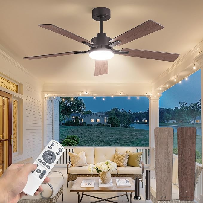 52 Inch Ceiling Fan with Light and Remote, 6 Speeds Reversible DC Motor Ceiling Fans for Bedroom Living Room Patio, 3CCT Dimmable LED, 5 Wood Blades, Downrod Mount, Sloped Ceiling Compatible