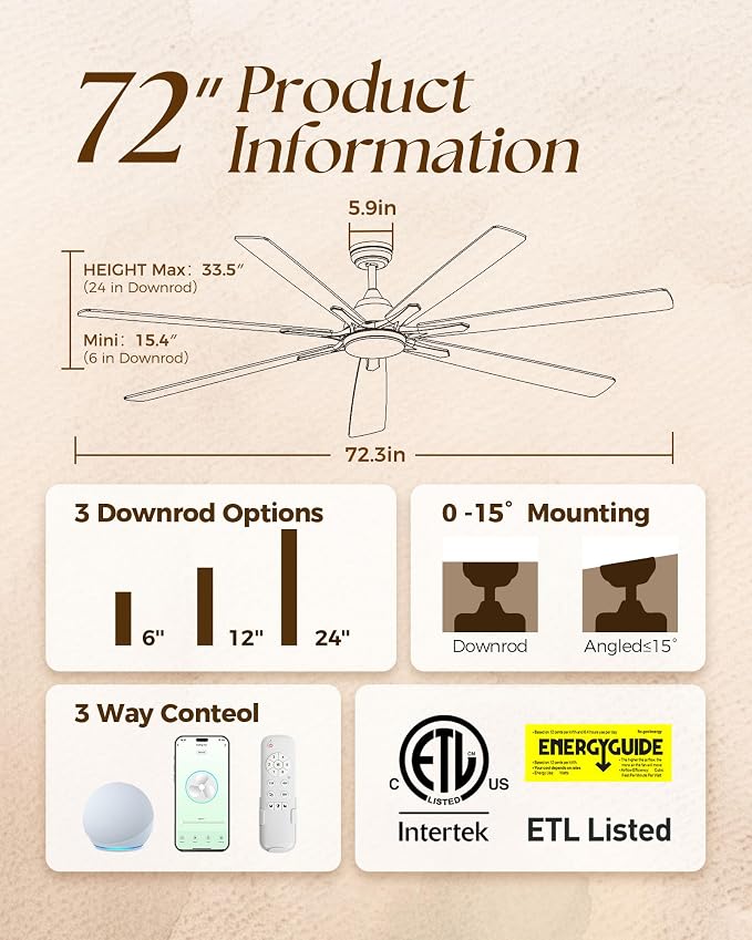 72Inch Smart Ceiling Fan with Alexa APP,Large Black Ceiling Fan with Light,6 Speed,3CCT,Dual Finish 7 Blades,Quiet DC Motor Outdoor Fan for Patio,Big Living Room