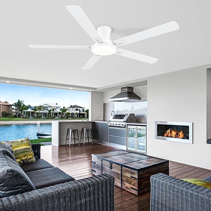 60 Inch White Ceiling Fans with Lights and Remote, Flush Mount Low Profile 6 Blades Ceiling Fan with 10 Inch Lighting Fixture, Quiet Reversible DC Motor for Living Room, Bedroom and Patio