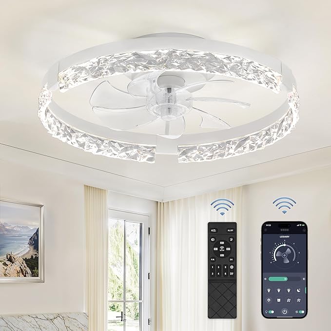 LEDIARY 20 Inch Low Profile Ceiling Fans with Lights and Remote, Fandelier Ceiling Fan Flush Mount, 3000K-6000K Dimmable LED Fan Light, White Modern Ceiling Fans with Lights for Bedroom