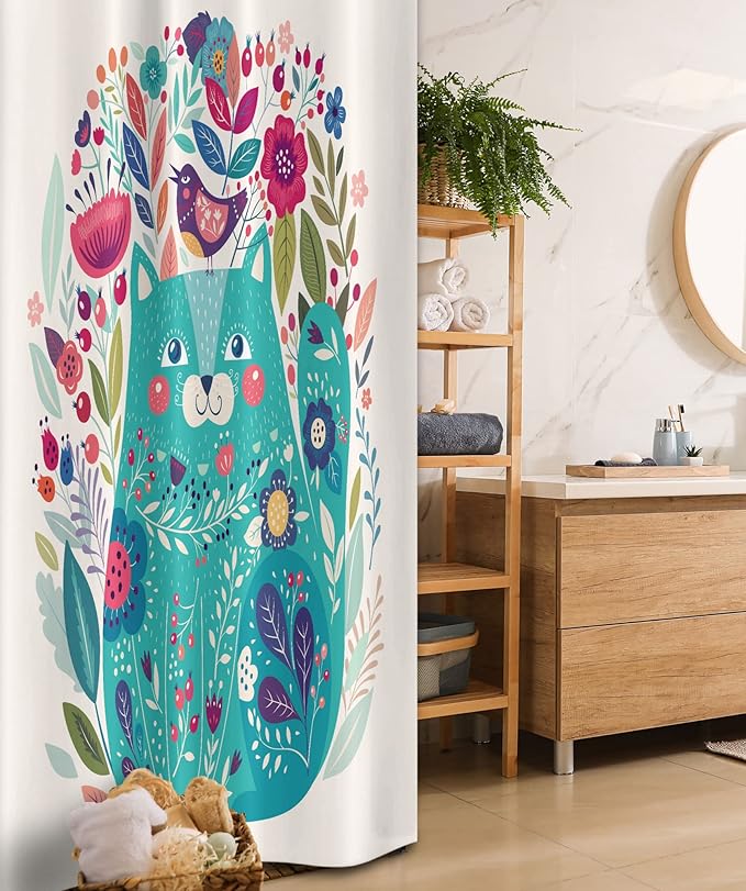 Ambesonne Cat Stall Shower Curtain, Kitty Surrounded by Birds Flowers Ladybugs Inspirational Folk Theme, Fabric Bathroom Decor Set with Hooks, 36" W x 72" L, Multicolor Seafoam