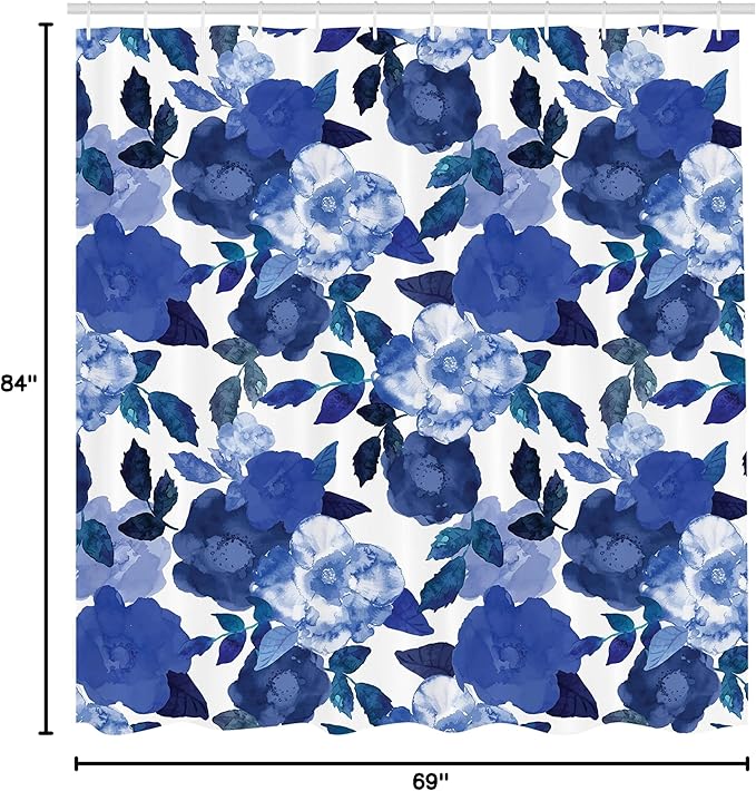 Ambesonne Flower Shower Curtain, Lively Watercolor Painted Simplistic Large Flowers and Leaves Inspired by Spring Season Artwork, Cloth Fabric Bathroom Decor Set with Hooks, 69" W x 84" L, Blue White