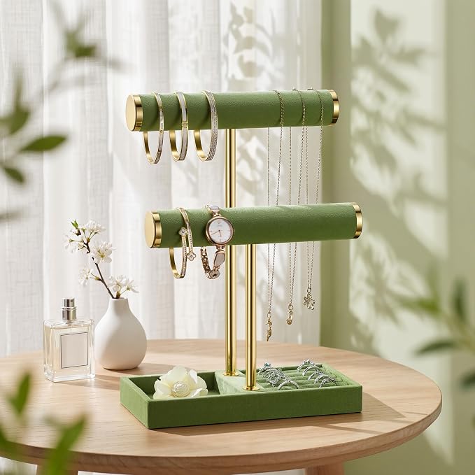 bussdis 2 Tier Bracelet Holder Display, Necklace Holder Organizer, Green | Velvet Necklace Holder | Jewelry Tree | Jewelry Towers | Jewelry Stand Organizer for Necklaces, Bracelets, Earrings, Rings