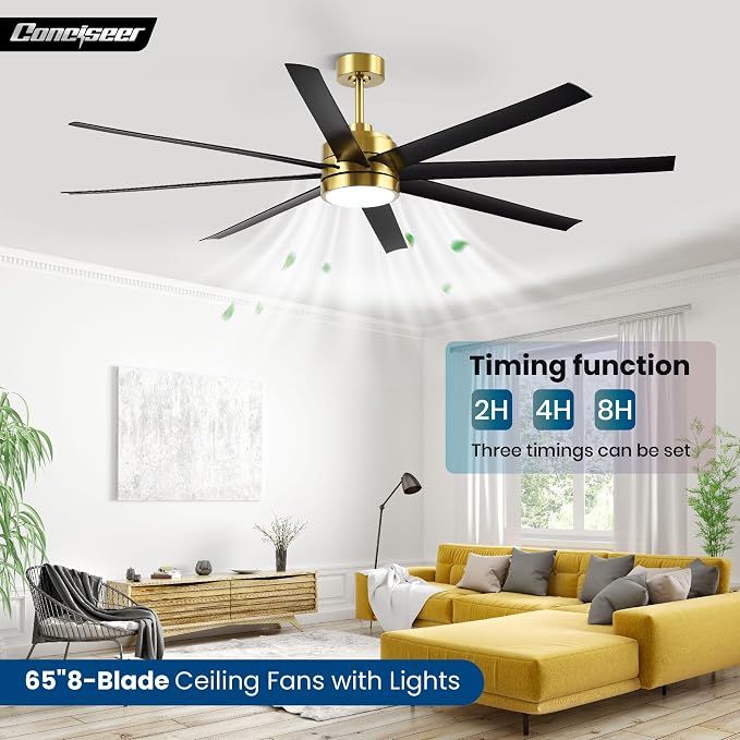 Conciseer 65 Inch Ceiling Fans with Lights and Remote for Bedroom Living Room Kitchen Office, Indoor/Outdoor Use, 3CCT, 8 Blades 6 Speed Reversible Dimmable Quiet DC Motor, Gold/Black