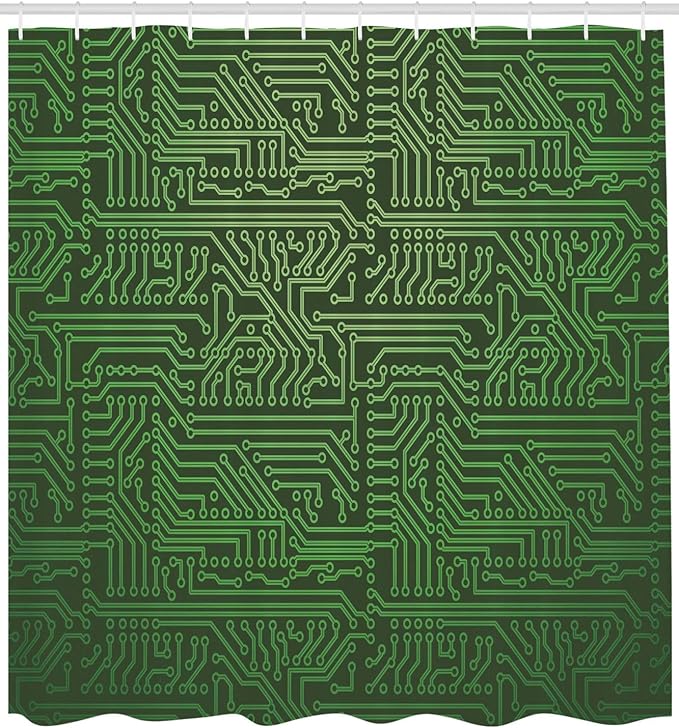 Ambesonne Digital Shower Curtain, Computer Art Backdrop with Circuit Board Diagram Hardware Wire Illustration, Cloth Fabric Bathroom Decor Set with Hooks, 69" W x 84" L, Fern Green
