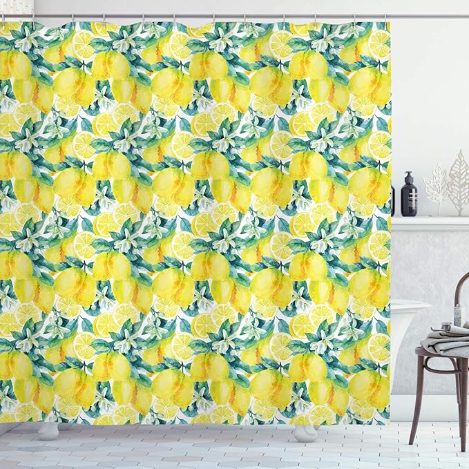 Ambesonne Modern Shower Curtain, Watercolor Paintbrush Lemons with Murky Effects Image, Cloth Fabric Bathroom Decor Set with Hooks, 69" W x 75" L, Forest Green Yellow