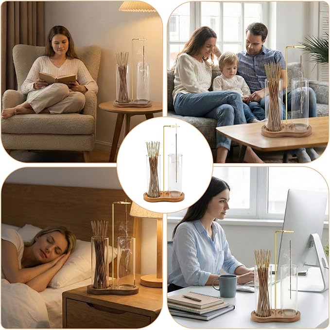 Glass Incense Holder, 2 in 1 Incense Burner Holder with Storage, Hanging Upside Down Incense Sticks Holder with Glass Ash Catcher for Meditation Yoga Spa Room Decor