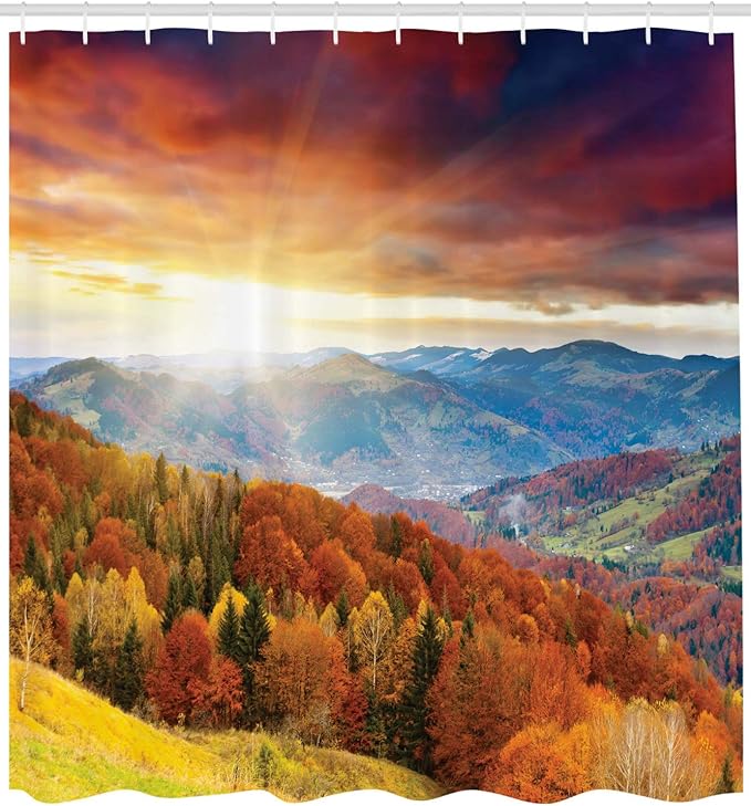 Ambesonne Forest Shower Curtain, Trees Rays When Sunrise and Grungy Rain Clouds View, Cloth Fabric Bathroom Decor Set with Hooks, 69" W x 75" L, Yellow Orange