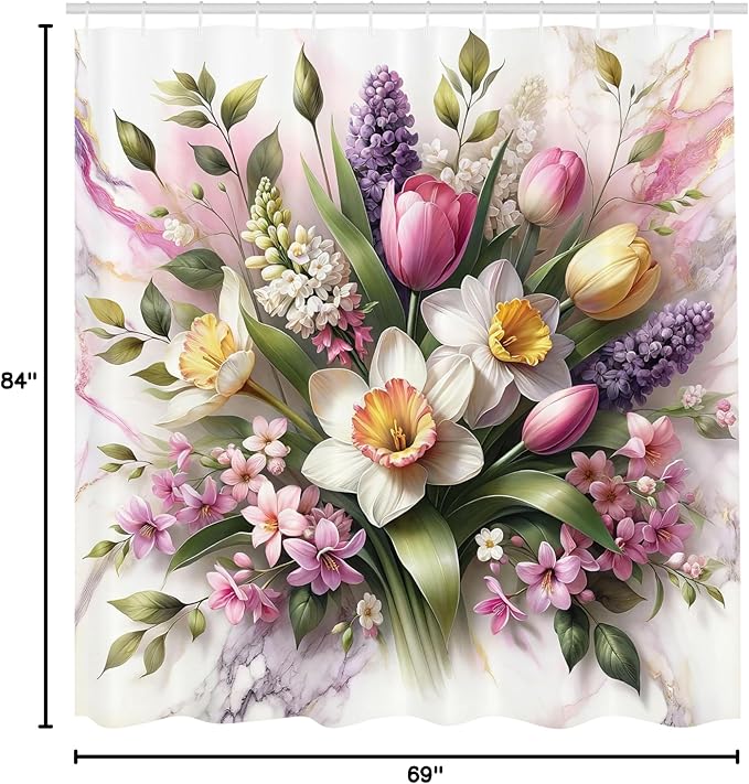 Ambesonne Spring Shower Curtain, Delicate Tulip Pansies and Bluebell Flowers Arrange on Marble Print Back, Cloth Fabric Bathroom Decor Set with Hooks, 69" W x 84" L, Lavender Green Pink