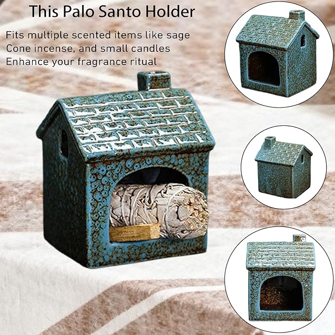 Ceramic Mini Chiminea Palo Santo Burner | Sage & Incense Cone Holder | Stable Smudge Bowl for Zen Altar, Meditation, Yoga | Home Decor & Gift (Blue)