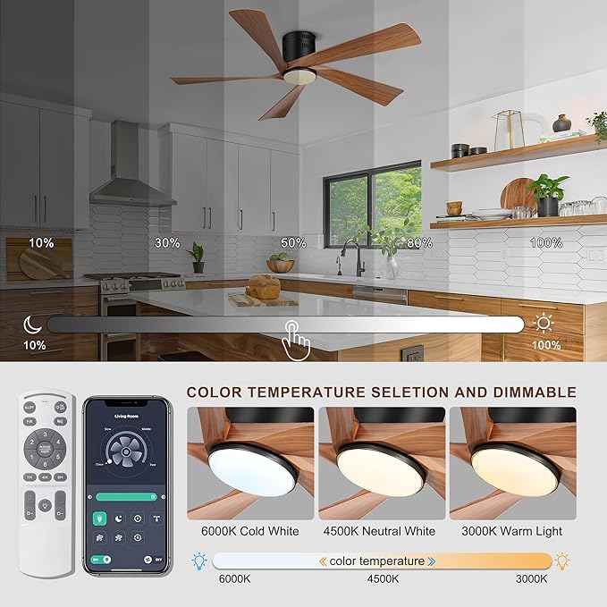 Ohniyou 52” Flush Mount Modern Farmhouse Ceiling Fan with Lights | Remote/APP Control, Low Profile, 3CCT Dimmable, Quiet DC Motor, Reversible, Covered Outdoor Overhead Fans, Black+Wood Color