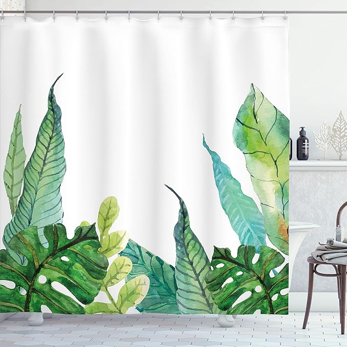 Ambesonne Leaf Shower Curtain, Watercolor Hand Drawn Style Print Panda Banana Fragipani Tropical Trees Exotic Leaves, Cloth Fabric Bathroom Decor Set with Hooks, 69" W x 70" L, Green White