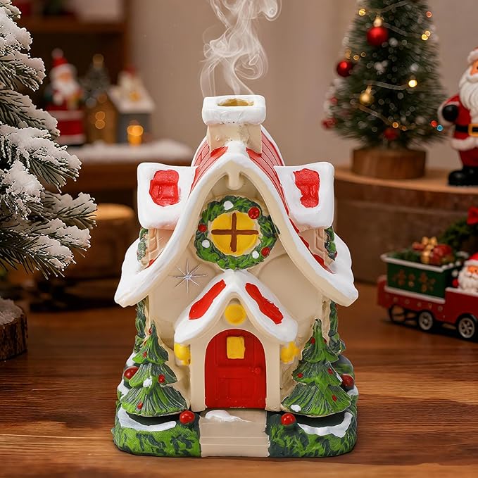 Christmas Log Cabin Incense Burner - Gift for Mom Wife Her Women, Christmas Village House Incense Holder with 2 Incense Cones for Home Decorations, Red