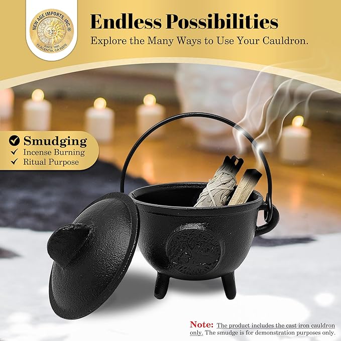 New Age Imports, Inc. Tree of Life Cast Iron Cauldron w/Handle & lid, Ideal for smudging, Incense Burning, Ritual Purpose, Decoration, Halloween Decoration, Candle Holder, etc. (Tree of Life - BR94)