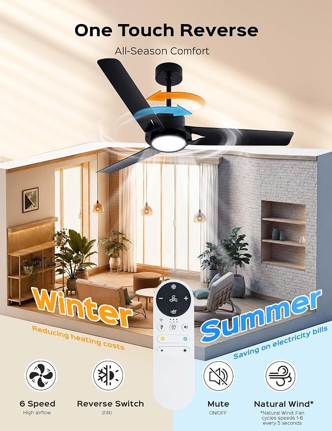 52 Inch Modern Smart Ceiling Fan with LED Lights and WiFi Alexa APP Remote,Black Ceiling Fan with ABS Blades,3CCT,6 Speed,Quiet Reversible DC Motor Indoor Outdoor Fan for Patio,Garage,Bedroom