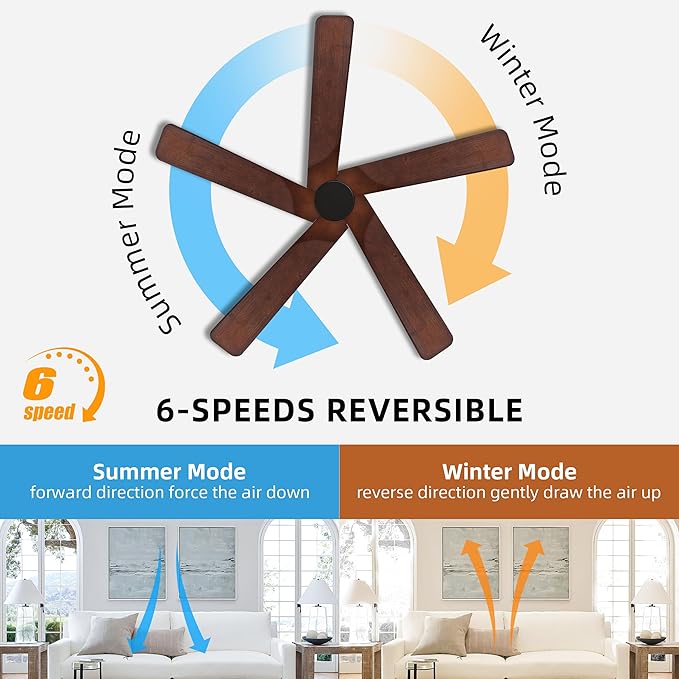 WINGBO 48" DC Ceiling Fan No Light - 5 Carved Solid Wood Blades, 6-Speed Reversible DC Motor, Ceiling Fan without Lights for Living Room Bedroom Kitchen Patio, Indoor and Outdoor, Black and Walnut