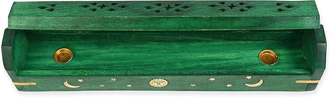 Incense Garden Pack of 2 Incense Stick Holder - Coffin Style - Wood Incense Stick Burner with Sun Moon Star Handmade with Brass Inlays (Green)