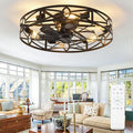 Depuley Flush Mount Ceiling Fan: 24" Caged Ceiling Fans with Remote Control for Patio Kitchen Bedroom - Low Profile Fandelier Lights Fixture Reversible 6 Speed Timer Black 6*E26 Bulb Not Included