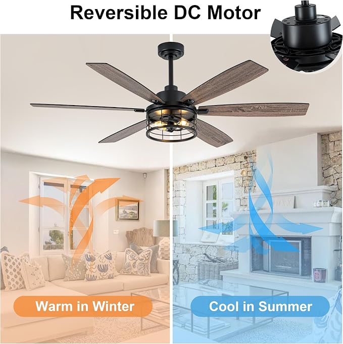 60" Farmhouse Ceiling Fan with Lights Remote, Rustic Ceiling Fan | Industrial Caged Fandelier Black Metal Chandelier Light, Reversible Quiet DC Motor 6 Speeds for Living Room Bedroom Indoor