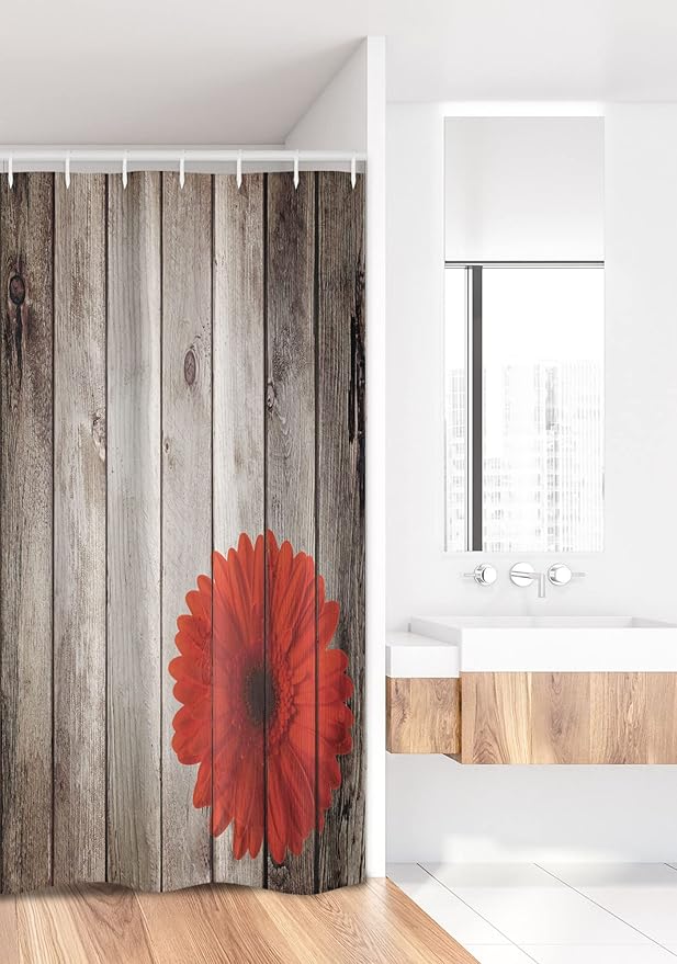 Ambesonne Rustic Stall Shower Curtain, Flower Red Dahlia on Foreground of Murky Featured Dated Wooden Board Retro Art Print, Fabric Bathroom Decor Set with Hooks, 36" W x 72" L, Brown