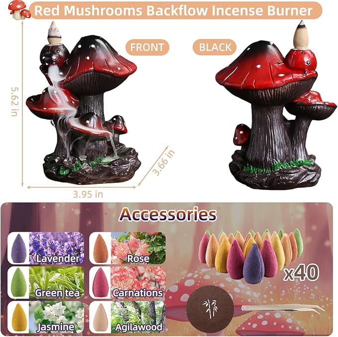 Mushroom Backflow Incense Holder – Ceramic Incense Cone Holder with 60 Backflow Incense Cones | Waterfall Incense Burner & Waterfall Fountain | Unique Smoke Cascade Effect for Relaxation & Meditation