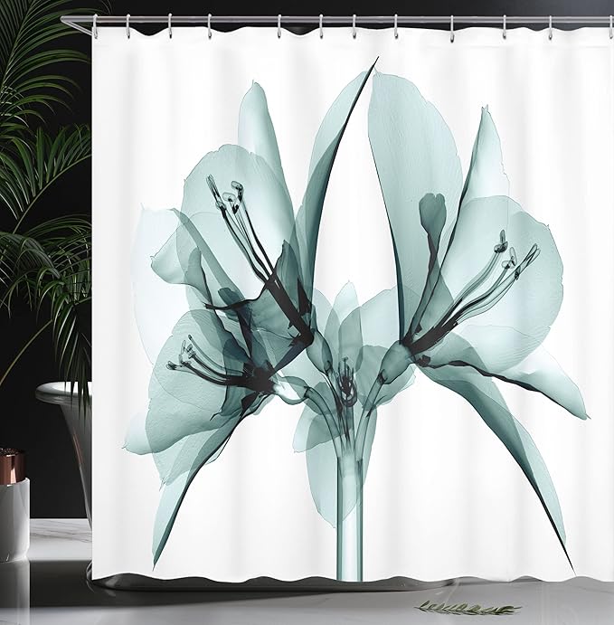Ambesonne Flower Shower Curtain, Illustration of a Blooming Flower X-ray Vision of Nature Solarized Pattern, Cloth Fabric Bathroom Decor Set with Hooks, 69" W x 84" L, Ivory Teal