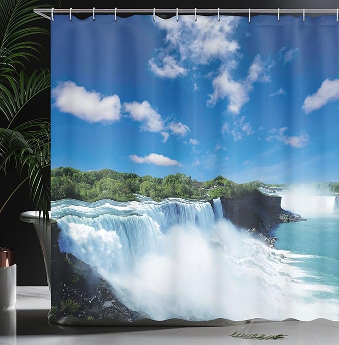 Ambesonne Waterfall Shower Curtain, Big Powerful Niagara Waterfalls Flowing Fastly Dreamy Wild Space Photo, Cloth Fabric Bathroom Decor Set with Hooks, 69" W x 70" L, Blue White Green