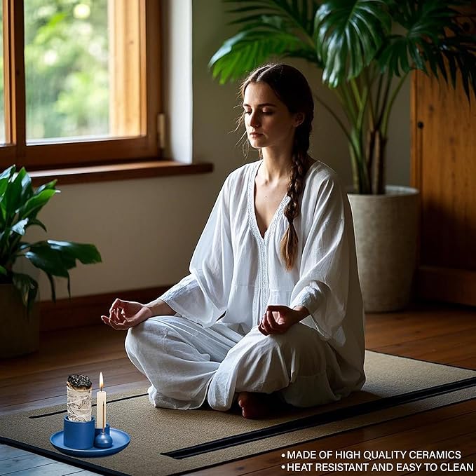 Morandi Color 4 in 1 Ceramic Incense Holder - for Incense Sticks, palo Santo, sage. Includes Candlestick soot Collection Tray. Ideal for Meditation and Yoga Studios. Handmade and Easy to Clean