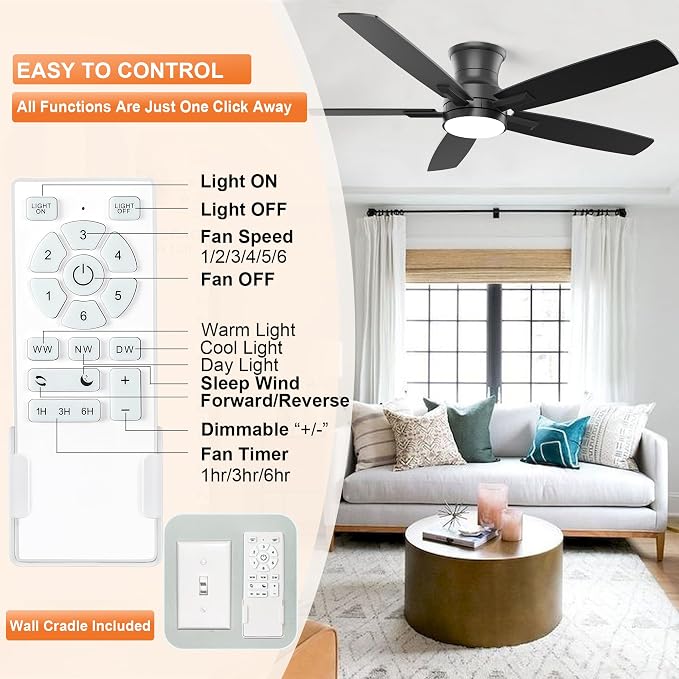 YUHAO 52 Inch Flush Mount Black Ceiling Fan with Light and Remote Control.Noiseless,Dimmable,3CCT,6 Speeds Reversible, Low Profile DC Ceiling Fans for Indoor or Covered Outdoor Use,ETL Listed